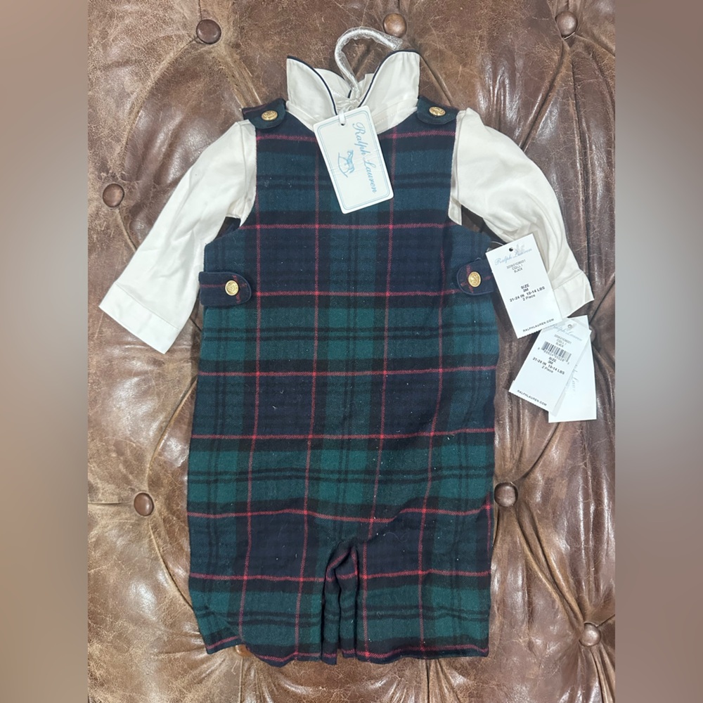 Ralph Lauren Green and Red Plaid Romper with Cream Shirt